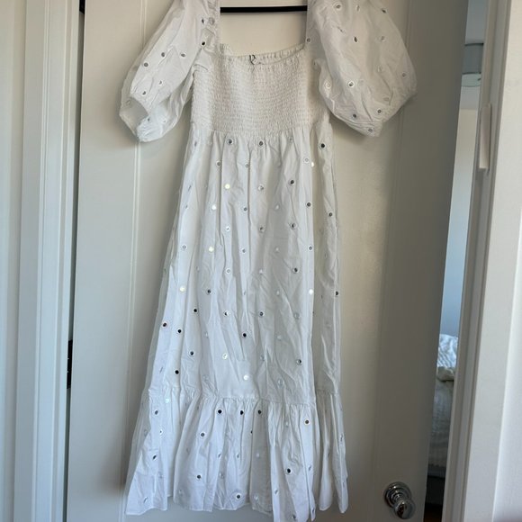 Rhode Eloise Eyelet Midi-dress White Mirror Smocked Bodice Puff Sleeves Small - Picture 7 of 8